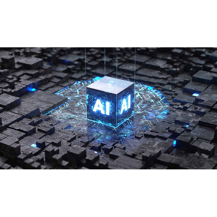 3D cube labeled AI hovering over digital circuit board.