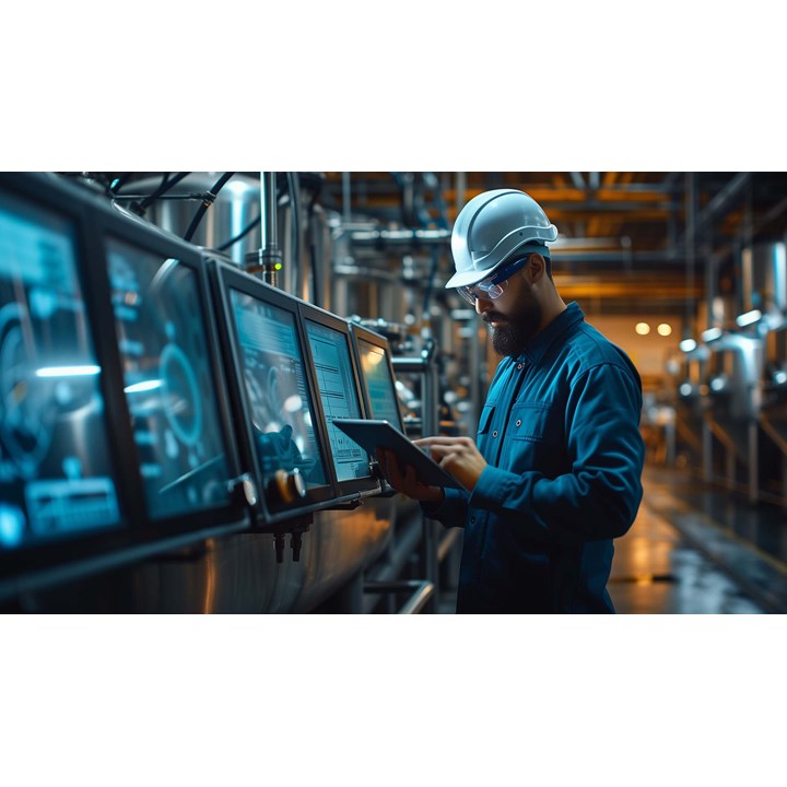 Technician using a tablet to control processes in a factory plant.