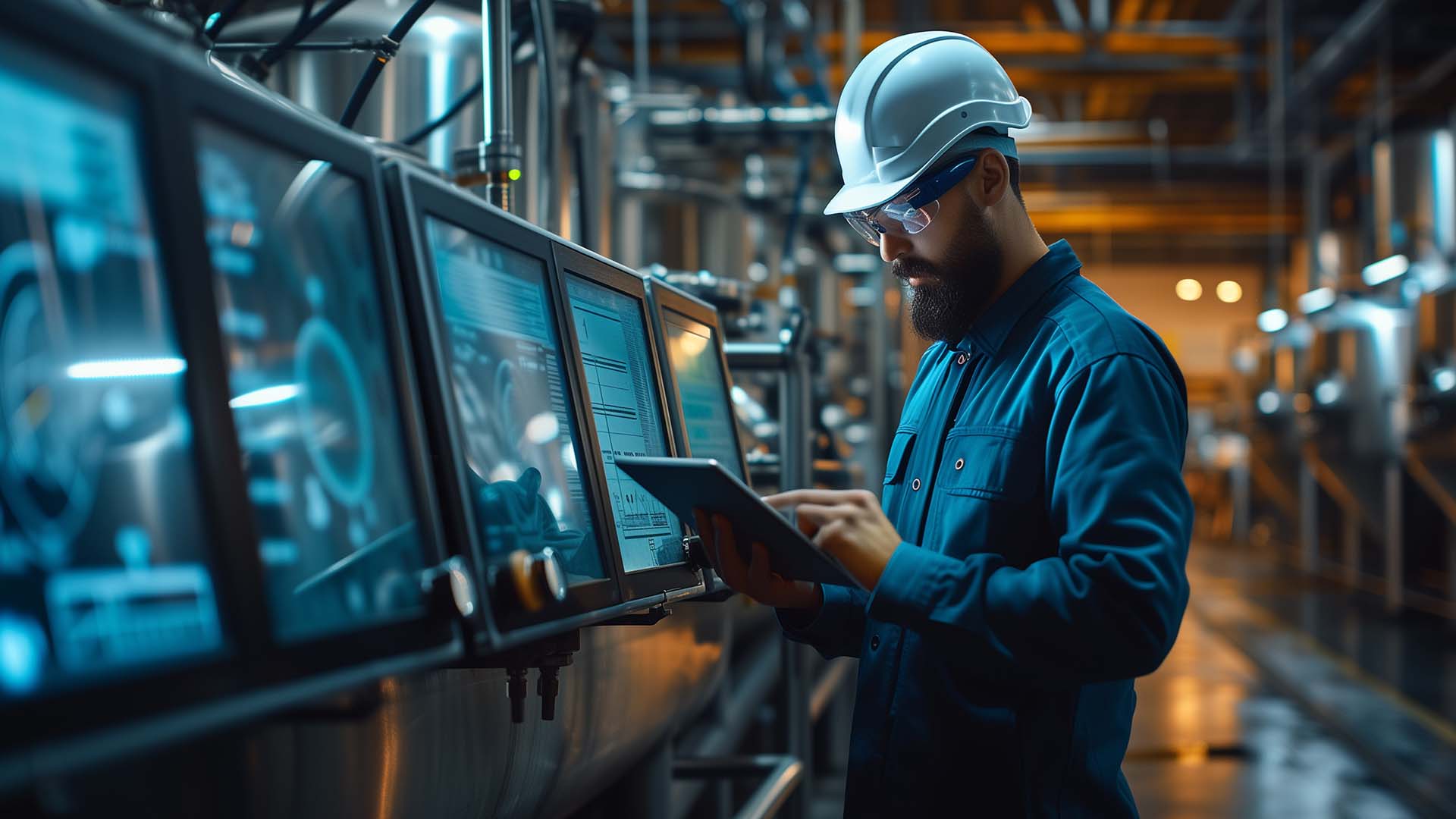 Technician using a tablet to control processes in a factory plant.