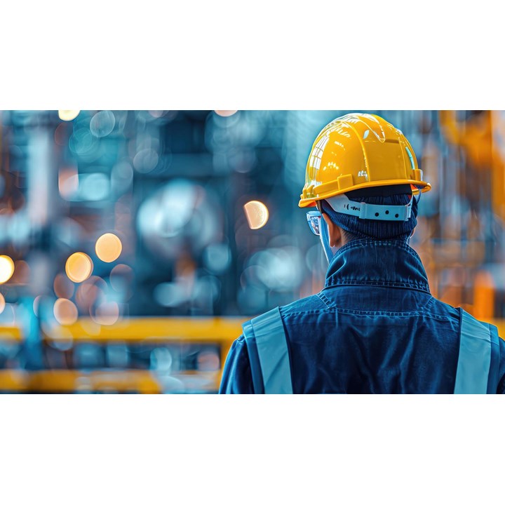 Engineer wearing hardhat supervising industrial process.