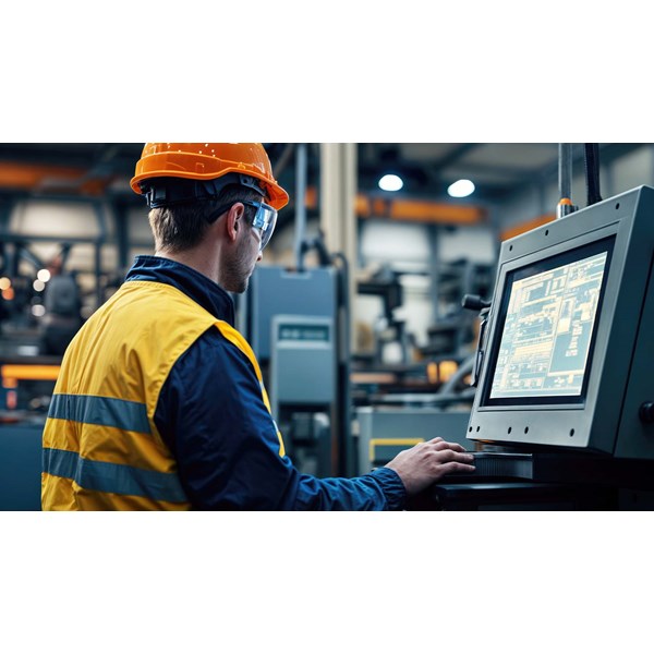 Engineer in hard hat monitoring control panel screen in factory.