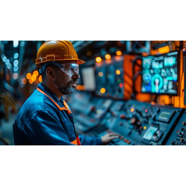 Industrial engineer in hard hat monitoring control panel screens.