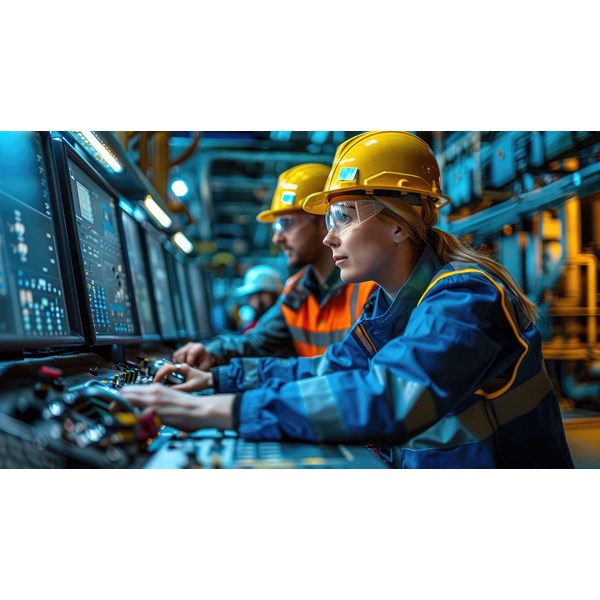 Industrial engineers working at a computer control panel in a factory.